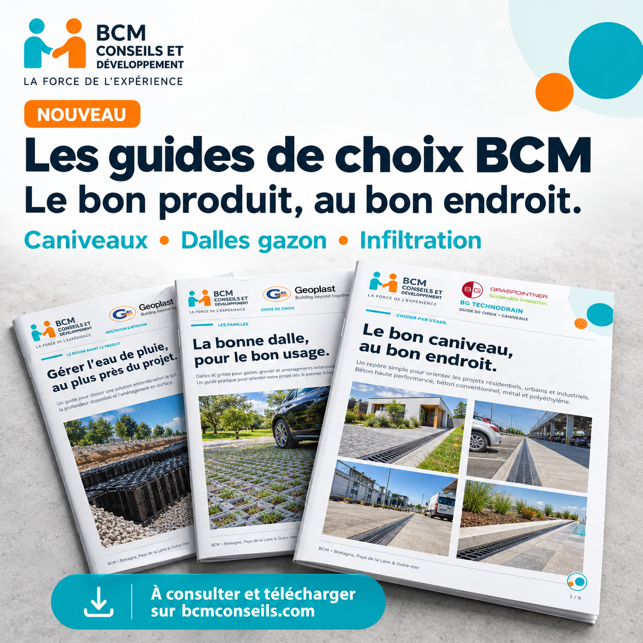 Les guides de choix BCM présentés sur un bureau : caniveaux, dalles gazon et infiltration